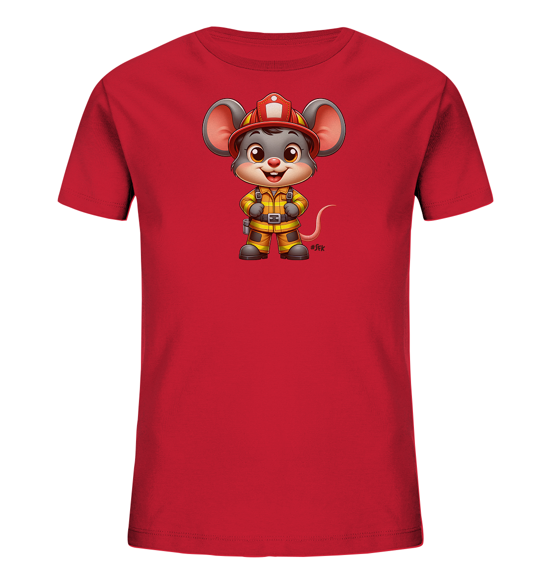 Onlineshop Shirts fuer Kinder - Ein rotes Kinder-T-Shirt ist mit einer niedlichen Cartoon-Maus bedruckt. Die Maus traegt eine komplette Feuerwehrausruestung bestehend aus Helm und Uniform. Sie steht aufrecht mit einem freundlichen Ausdruck auf dem Shirt. Das Design wirkt spielerisch und kindgerecht.