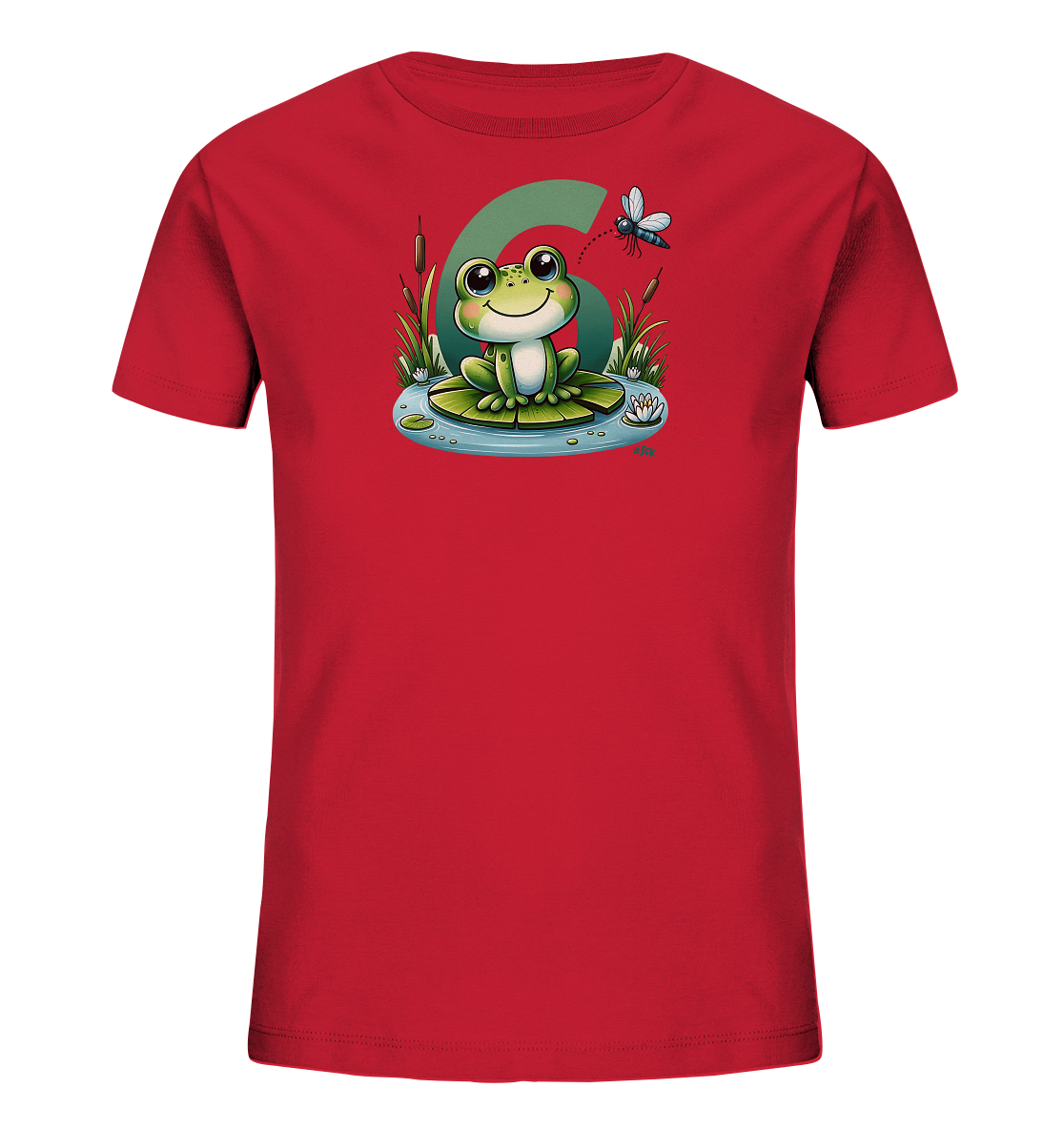 Onlineshop Shirts fuer Kinder - Rotes Shirt mit froehlichem Frosch auf Seerosenblatt, Zahl 6 im Hintergrund, Teichpflanzen und Muecke.