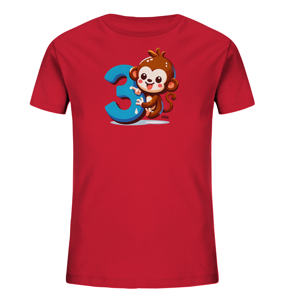 Onlineshop Shirts fuer Kinder - Das Bild zeigt ein rotes T-Shirt fuer Kinder. Auf der Vorderseite ist eine lustige Cartoon-Illustration. Sie zeigt einen braunen Affen, der die grosse blaue Zahl '3' umarmt. Der Affe laechelt freundlich und sitzt auf einer stilisierten blauen Flaeche.