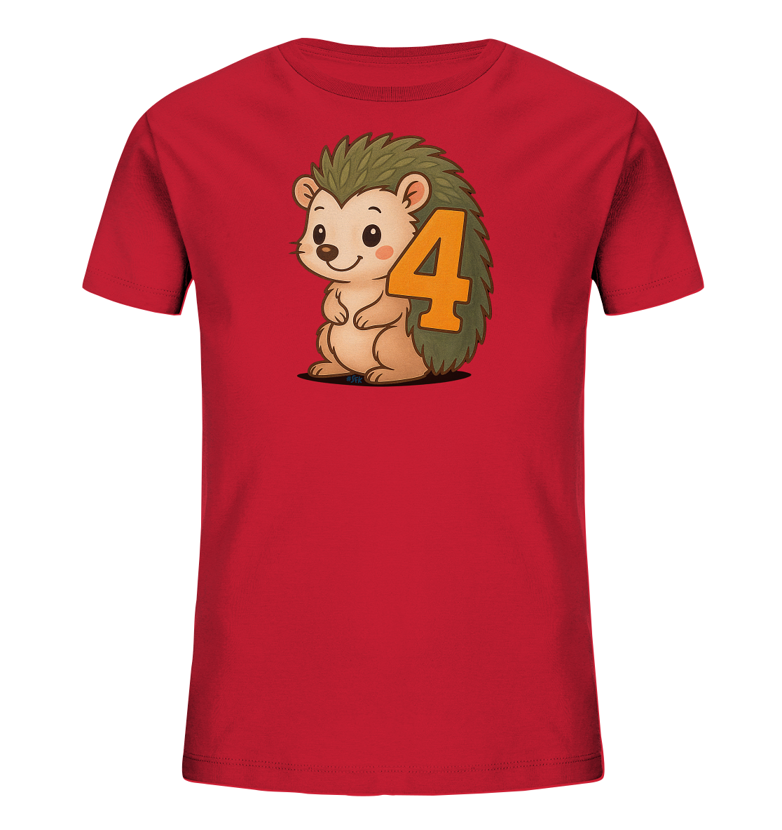 Onlineshop Shirts fuer Kinder - Das Bild zeigt ein rotes T-Shirt mit einem suessen Cartoon-Igel auf der Vorderseite. Der Igel, dargestellt mit braunem Fell und gruenen Stacheln, sitzt laechelnd neben der grossen, orangefarbenen Zahl '4'. Dieses verspielte Motiv eignet sich besonders gut fuer Kinder. Das Design ist klar und ansprechend gestaltet.
