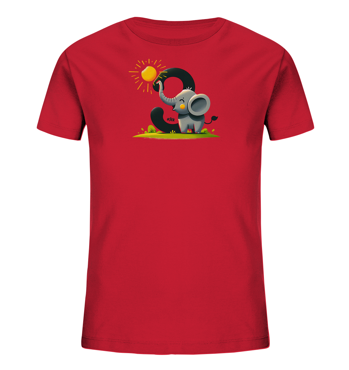 Onlineshop Shirts fuer Kinder - Das Bild zeigt ein rotes Kinder-T-Shirt mit einem grossen Print auf der Vorderseite. Zu sehen ist ein niedlicher, grauer Elefant, der auf einer Wiese sitzt und seinen Ruessel zur Sonne streckt. Hinter dem Elefanten ist prominent die schwarze Zahl 3 abgebildet. Das Design ist verspielt und farbenfroh, ideal fuer kleine Elefantenfreunde.