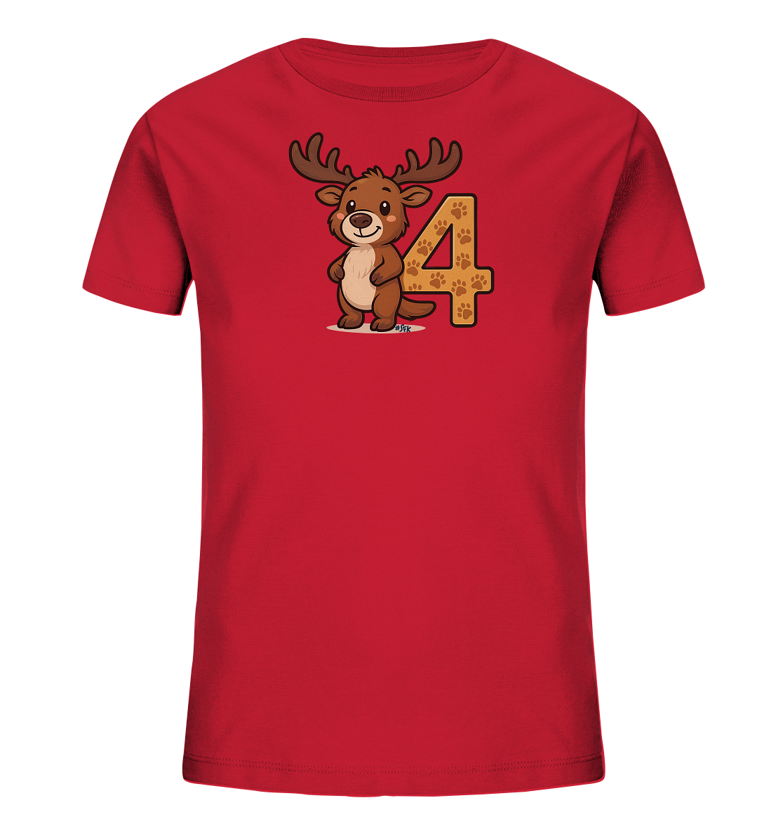 Onlineshop Shirts fuer Kinder - Das Bild zeigt ein rotes Kinder-T-Shirt mit einer Cartoon-Grafik. Abgebildet ist ein niedliches Rentier mit Geweih. Neben dem Rentier steht die Zahl '4', die mit einem Pfotenmuster verziert ist. Das Design ist froehlich und passt gut zu einem verspielten Look.