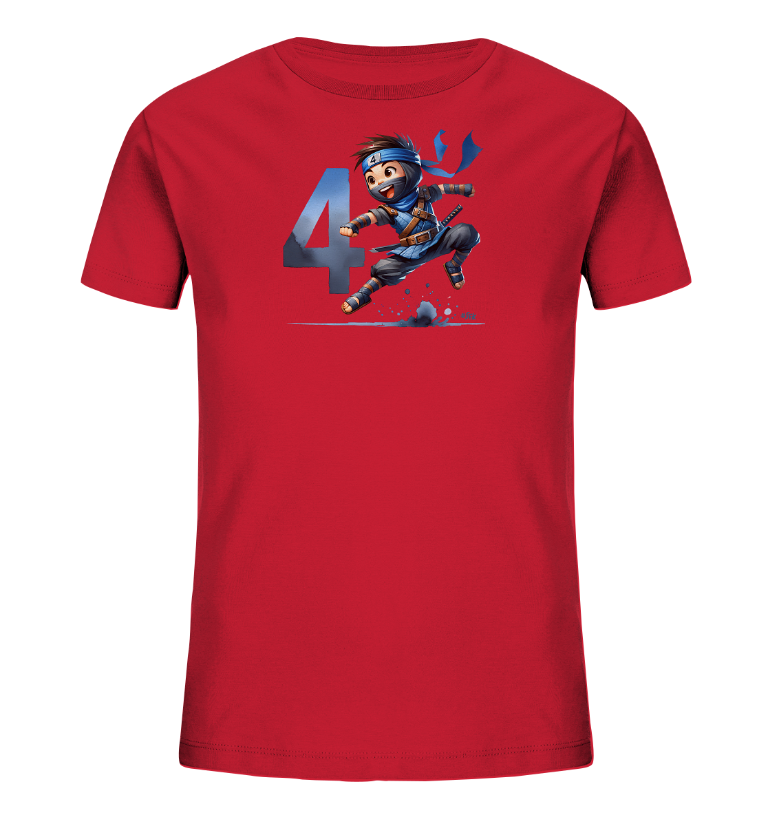 Onlineshop Shirts fuer Kinder - Das Bild zeigt ein rotes T-Shirt fuer Kinder mit einem lebhaften Motiv auf der Vorderseite. Ein cartoonhafter Ninja-Charakter in blauer Kleidung springt dynamisch. Hinter dem Ninja ist eine grosse Zahl '4' zu sehen, die dem Design eine zusaetzliche Bedeutung verleiht. Das gesamte Motiv wirkt actionreich und farbenfroh.