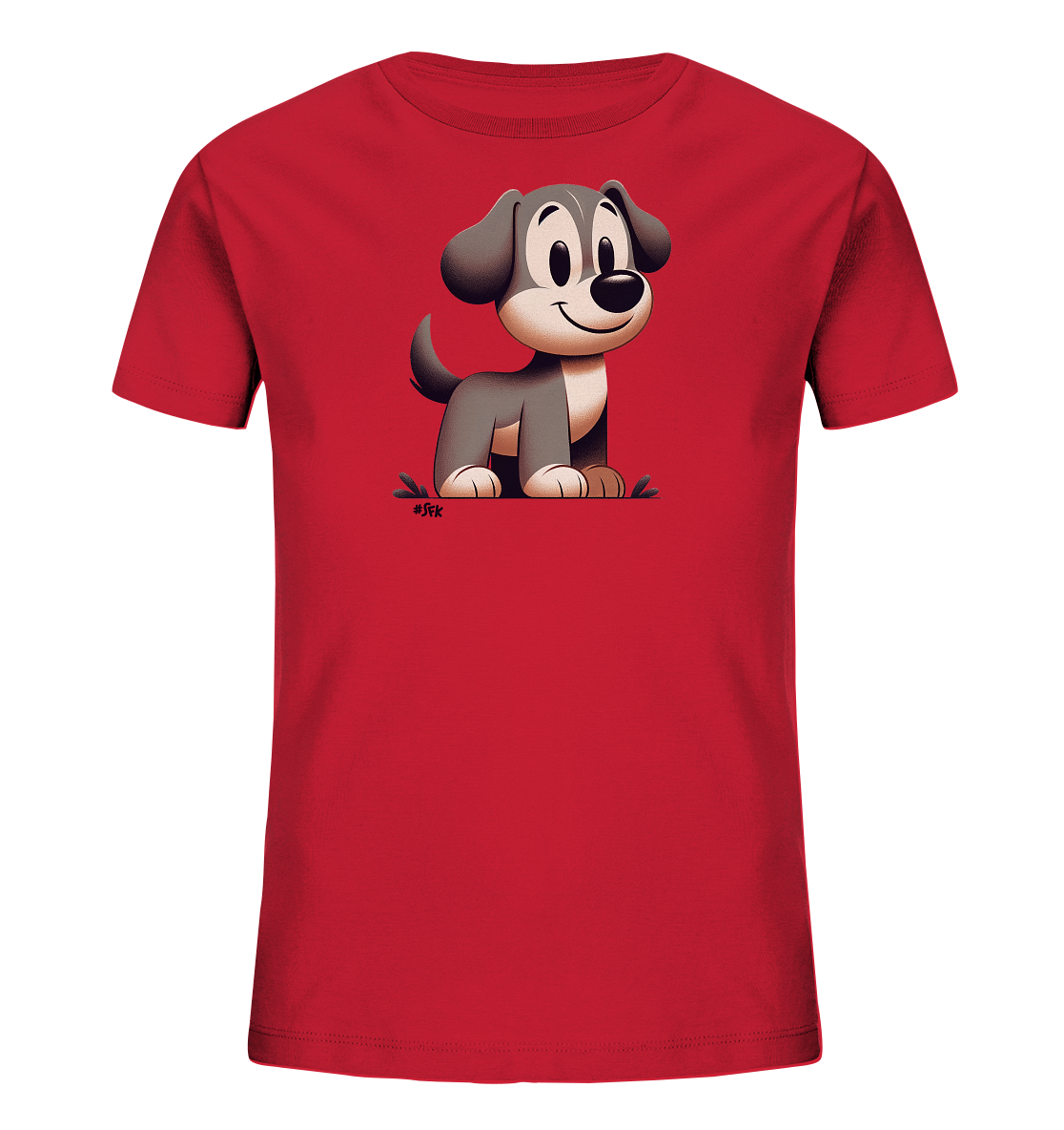 Onlineshop Shirts fuer Kinder - Das Bild zeigt ein rotes Kinder-T-Shirt mit einer freundlichen, cartoonartigen Hundegrafik auf der Vorderseite. Der Hund hat graubraunes Fell, grosse Augen und ein breites Laecheln. Er sitzt auf einer angedeuteten gruenen Flaeche, die an Gras erinnert. Das Design wirkt froehlich und verspielt.