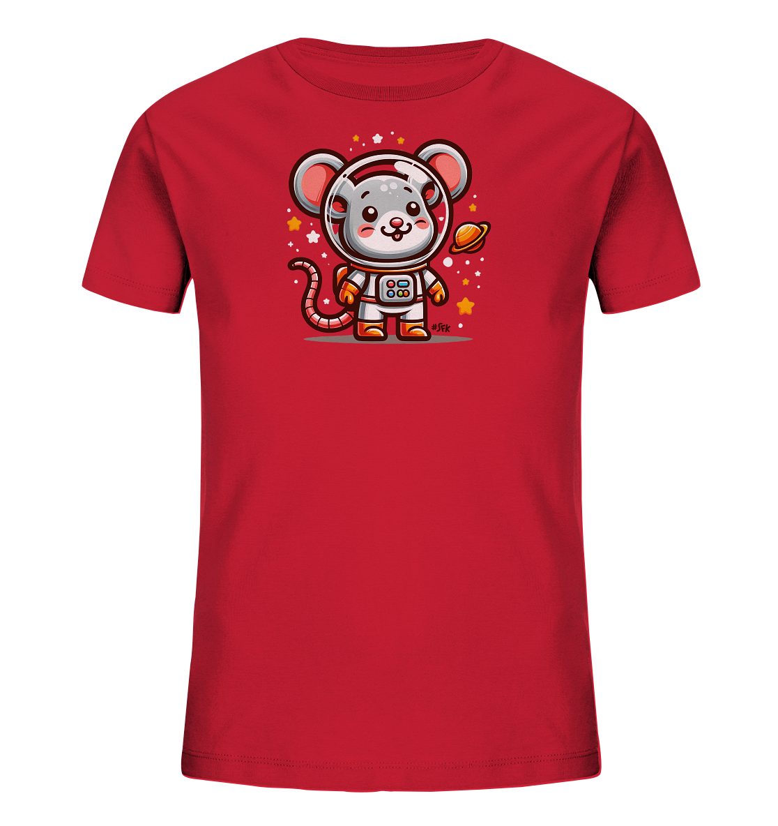 Onlineshop Shirts fuer Kinder - Das Bild zeigt ein rotes Kinder T-Shirt mit einem niedlichen Cartoon-Motiv. Eine Maus im Raumanzug ist darauf zu sehen, umgeben von Sternen und einem kleinen Planeten. Das Design wirkt verspielt und thematisiert den Weltraum.