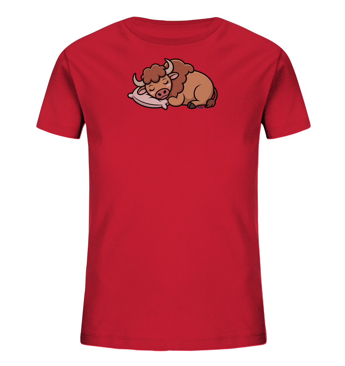 Onlineshop Shirts fuer Kinder - Das Bild zeigt ein rotes Kinder-T-Shirt. Auf der Vorderseite ist eine detailreiche, cartoonartige Illustration eines schlafenden Bueffel-Kalbes abgebildet. Das braune Kalb mit kleinen Hoernern liegt gemuetlich auf einem hellrosa Kissen, die Augen geschlossen. Das Motiv verleiht dem T-Shirt einen suessen und beruhigenden Charakter.