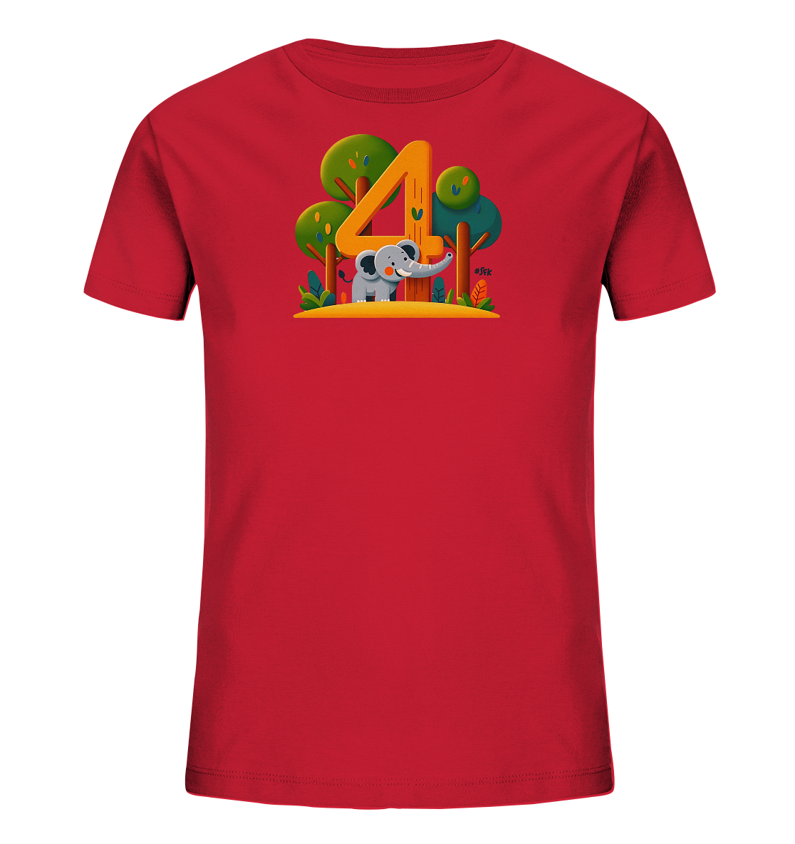 Onlineshop Shirts fuer Kinder - Das Bild zeigt ein rotes T-Shirt fuer Kinder mit einem verspielten Druck auf der Vorderseite. Dieser Druck zeigt die grosse orangefarbene Zahl 4 neben einem kleinen grauen Cartoon-Elefanten. Um die Zahl und den Elefanten herum sind gruene Baeume und Straeucher in einem bunten Stil dargestellt. Das Motiv erinnert an eine Dschungelszene und ist ansprechend gestaltet.