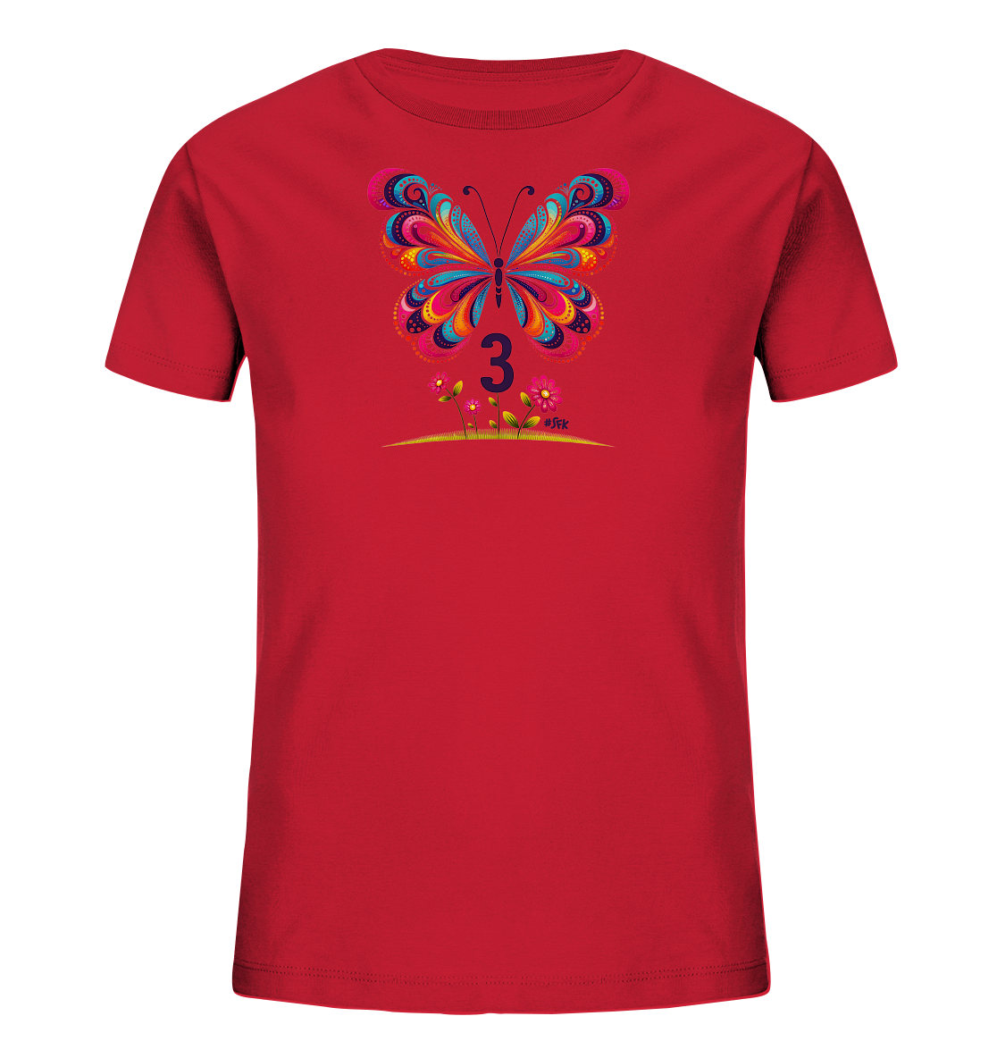 Onlineshop Shirts fuer Kinder - Das Bild zeigt ein rotes Kinder T-Shirt mit einem grossen, bunten Schmetterlingsmotiv auf der Vorderseite. Der detaillierte Schmetterling in leuchtenden Farben wie Blau, Pink und Gelb ist zentral platziert. Direkt darunter befindet sich die dunkelblaue Zahl '3', ergaenzt durch eine kleine Anordnung von pinken Blumen und gruenen Blaettern am unteren Rand des Designs.