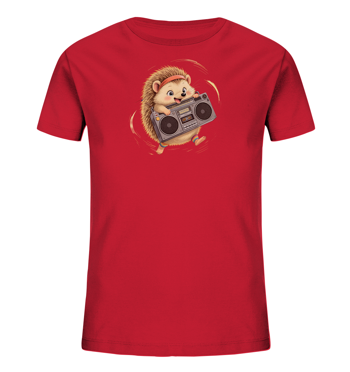 Onlineshop Shirts fuer Kinder - Das Bild zeigt ein rotes Kinder-T-Shirt mit einem zentralen Motiv eines niedlichen, cartoonhaften Igels. Der Igel traegt ein rotes Stirnband sowie blaue Arm- und Beinbaender und haelt einen grauen Boombox in den Pfoten. Um den Igel herum sind dynamische, gelbliche Linien zu sehen, die Bewegung oder Klang symbolisieren. Das gesamte Design wirkt froehlich und energiegeladen.