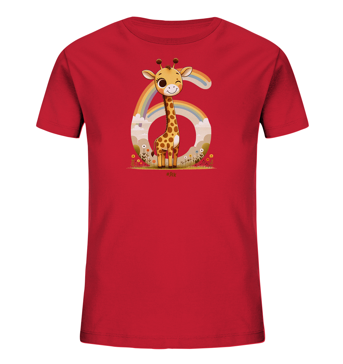 Onlineshop Shirts fuer Kinder - Das rote Kinder-T-Shirt zeigt eine niedliche Cartoon-Giraffe, die in einer Blumenwiese sitzt. Hinter der froehlichen Giraffe ist die grosse Zahl '6' platziert, ergaenzt durch einen Regenbogen und Wolken im Hintergrund. Das verspielte Motiv mit den bunten Details ist ideal fuer Kinder.