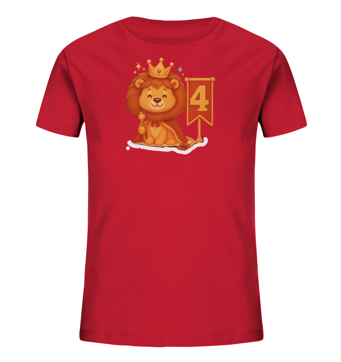 Onlineshop Shirts fuer Kinder - Das Bild zeigt ein rotes Kinder-T-Shirt mit einem freundlich laechelnden Cartoon-Loewen. Der Loewe traegt eine Krone und einen Umhang und haelt ein Zepter. Neben ihm steht ein Banner mit der Zahl '4'. Das Motiv wirkt koeniglich und verspielt, ideal fuer kleine Koenigsfans.