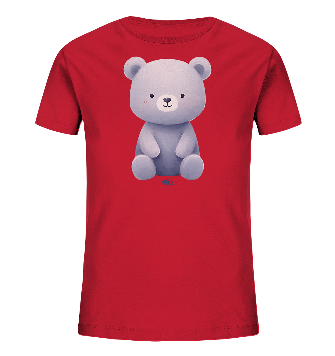 Onlineshop Shirts fuer Kinder - Das Bild zeigt ein rotes Kinder-T-Shirt mit einer zentralen Grafik. Darauf ist ein niedlicher, hellgrauer Teddybaer in sitzender Position abgebildet. Der Baer hat ein freundliches Gesicht mit schwarzen Augen und einer kleinen Nase. Dieses Design verleiht dem Shirt eine verspielte Note.