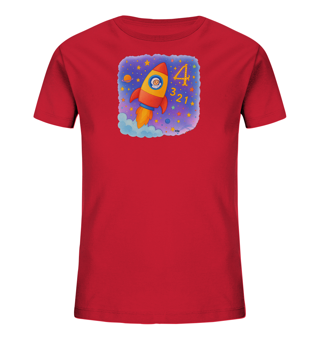 Onlineshop Shirts fuer Kinder - Das Bild zeigt ein rotes Kinder-T-Shirt mit einem farbenfrohen Weltraum-Design. Im Zentrum des Designs befindet sich eine cartoonartige Rakete mit einem laechelnden Gesicht im Fenster, die aus Wolken aufsteigt. Daneben sind die Zahl '4' sowie ein Countdown '3, 2, 1' vor einem Sternenhimmel abgebildet. Der Hintergrund zeigt Planeten und Sterne, was dem Motiv einen abenteuerlichen Charakter verleiht.