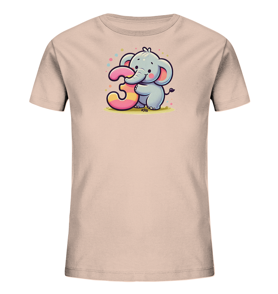 Onlineshop Shirts fuer Kinder - Hellrosa T-Shirt mit suessem Elefanten, der die Zahl Drei haelt. Die grosse Zahl ist bunt gestreift in Pink und Gelb. Bunte Punkte schweben ueber dem Elefanten. Ein froehliches Design fuer kleine Kinder.