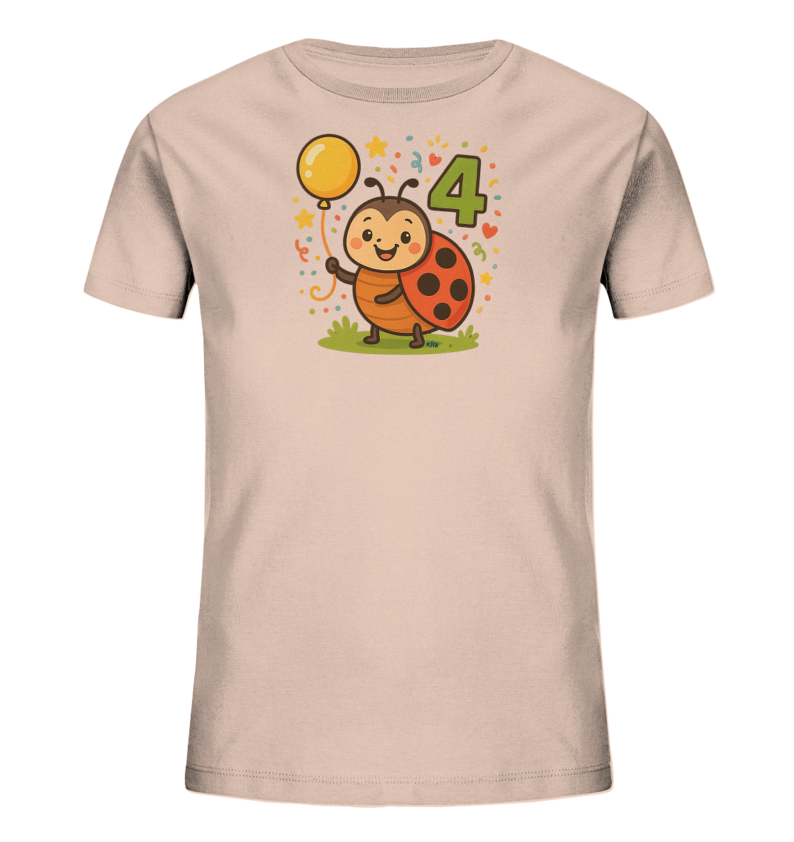 Onlineshop Shirts fuer Kinder - Das Bild zeigt ein helles T-Shirt mit einem farbenfrohen Motiv. Ein suesser Marienkaefer haelt einen gelben Ballon. Neben ihm steht die gruene Zahl "4". Sterne und Konfetti runden das Design ab.