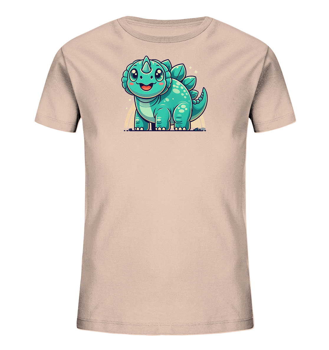 Onlineshop Shirts fuer Kinder - Das Bild zeigt ein helles Kinder-T-Shirt mit einem niedlichen Cartoon-Dinosaurier auf der Vorderseite. Der kleine Dino ist tuerkisgruen, hat grosse Augen und ein freundliches Laecheln. Er steht vor einem dezenten Regenbogen und wird von funkelnden Lichtern umrahmt. Das verspielte Design ist ansprechend fuer Kinder.