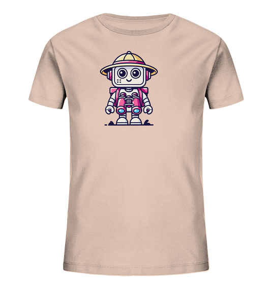 Onlineshop Shirts für Kinder - Das Bild zeigt ein unifarbenes Kinder-T-Shirt in einem hellen Beigeton. Auf der Vorderseite des Shirts ist eine fröhliche Cartoon-Grafik eines kleinen Roboters abgebildet. Der Roboter trägt einen gelben Safari-Hut mit pinkem Band und hält ein Fernglas vor seiner Brust. Seine großen Augen und sein Lächeln verleihen ihm ein freundliches Aussehen, während die pinken, blauen und gelben Details der Figur einen bunten Akzent auf dem hellen Shirt setzen.