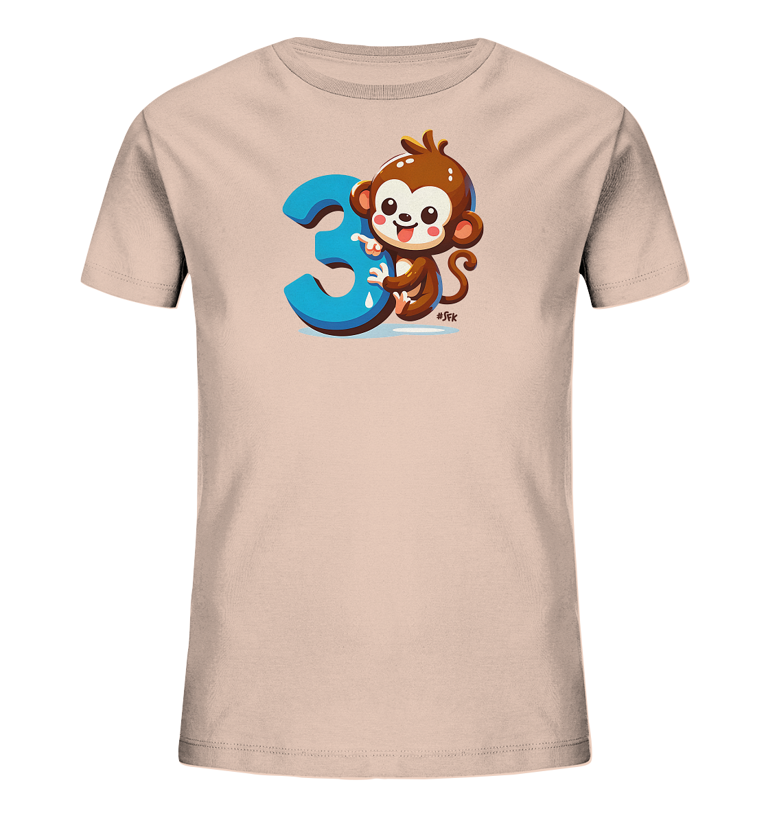 Onlineshop Shirts fuer Kinder - Das Bild zeigt ein hellrosafarbenes T-Shirt fuer Kinder mit einer grossen Grafik auf der Vorderseite. Die Grafik zeigt einen niedlichen Cartoon-Affen, der neben einer grossen, blauen Ziffer '3' sitzt. Der Affe hat ein freundliches Laecheln und umarmt die glaenzende Zahl. Das Design ist farbenfroh und verspielt, ideal fuer ein Kinderoutfit.