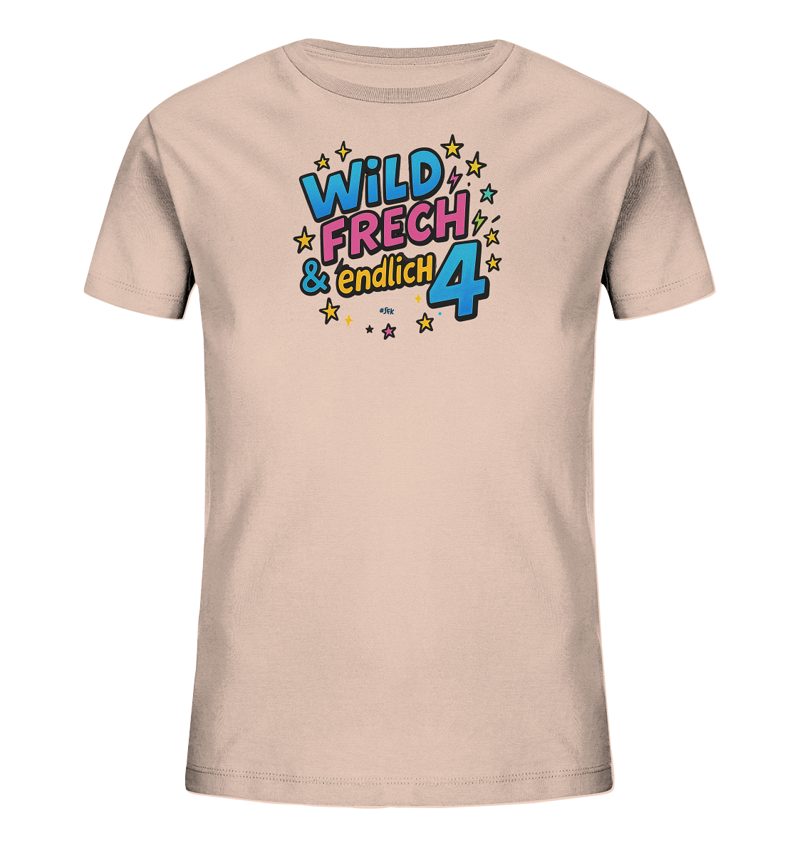 Onlineshop Shirts fuer Kinder - Dieses hellbeige T-Shirt fuer Kinder zeigt eine farbenfrohe Grafik im Pop-Art-Stil auf der Vorderseite. Der Aufdruck enthaelt den Text "WILD FRECH & endlich 4" in blauer und pinker Schrift, umgeben von gelben Sternen und blauen Blitzen. Das Design wirkt dynamisch und feierlich.