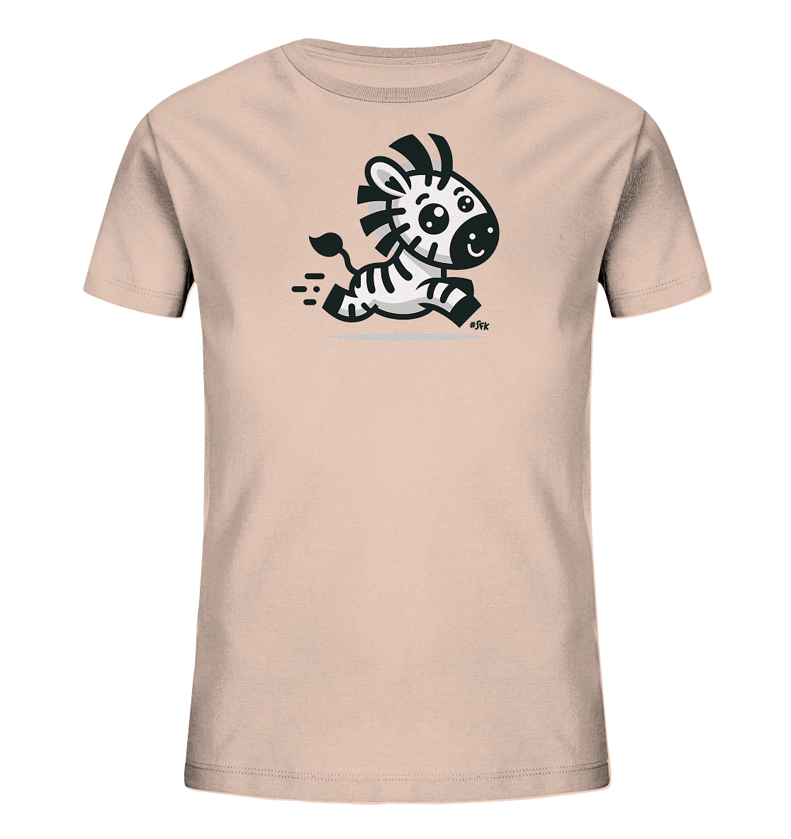 Onlineshop Shirts fuer Kinder - Das Bild zeigt ein Kinder-T-Shirt in einem zarten Rosaton. Auf der Vorderseite ist ein niedliches, cartoonartiges Zebra abgebildet, das zu sprinten scheint. Das Zebra hat grosse Augen und ein freundliches Laecheln, umgeben von Bewegungslinien, die Dynamik vermitteln. Das Design ist verspielt und ansprechend fuer junge Traeger.
