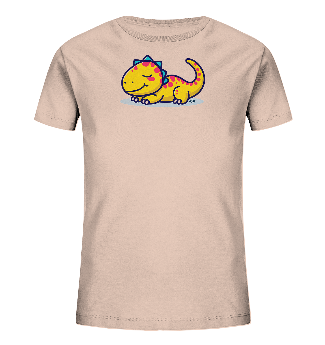 Onlineshop Shirts fuer Kinder - Das Bild zeigt ein hellbeiges Kinder-T-Shirt mit einem niedlichen gelben Dinosaurier-Motiv auf der Vorderseite. Der Cartoon-Dinosaurier liegt entspannt da, hat rosa Punkte und blaue Zacken auf dem Ruecken. Das Motiv wirkt verspielt und freundlich, mit geschlossenen Augen und einem sanften Laecheln.