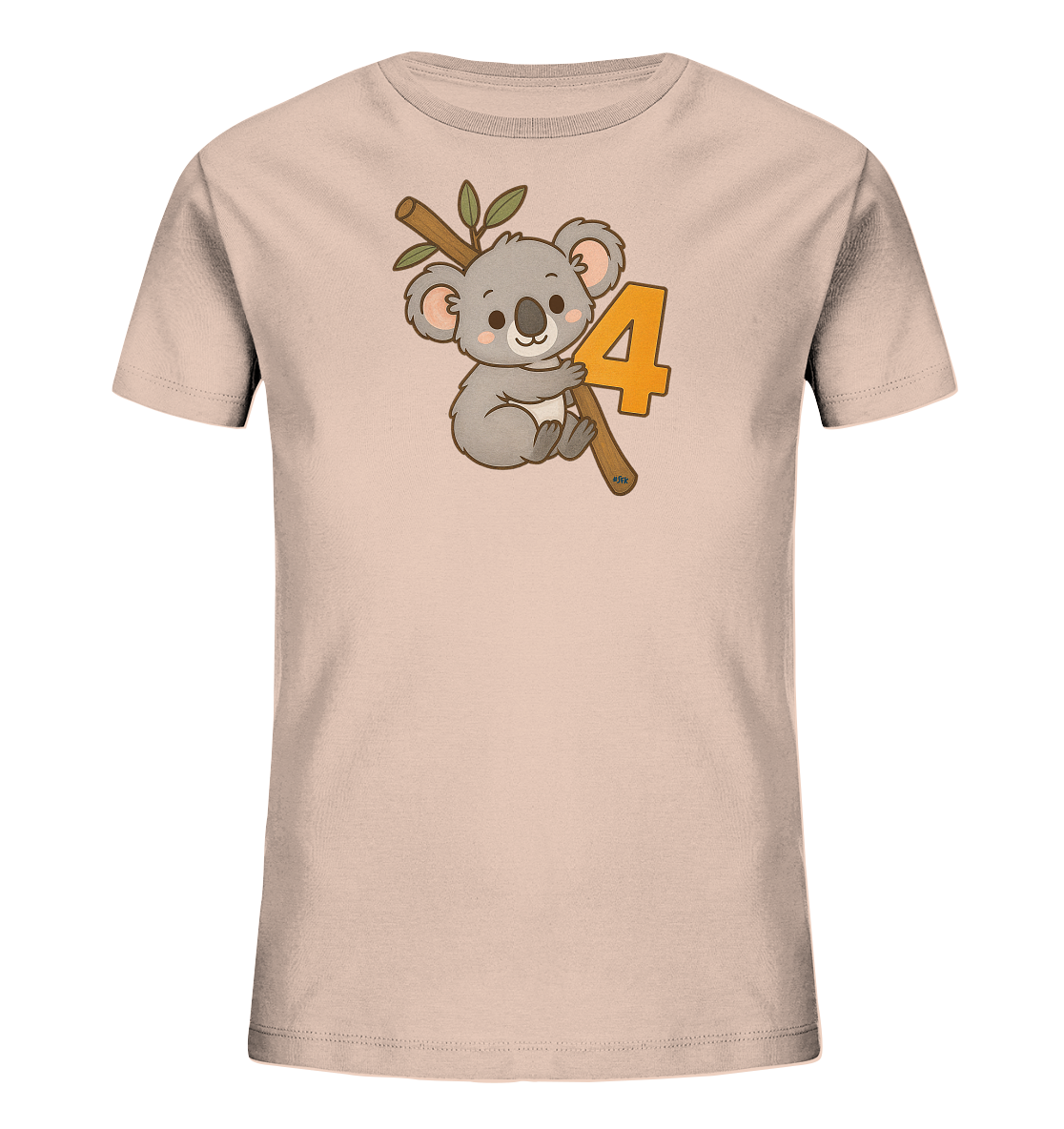 Onlineshop Shirts fuer Kinder - Das Bild zeigt ein hellrosa/pfirsichfarbenes Kinder T-Shirt. Auf der Vorderseite ist eine niedliche Illustration eines Koalas zu sehen, der sich an einem Ast festhaelt. Neben dem Koala ist die Zahl '4' in einem kraeftigen Orangeton platziert. Dieses Design ist verspielt und eignet sich gut fuer Kinder.