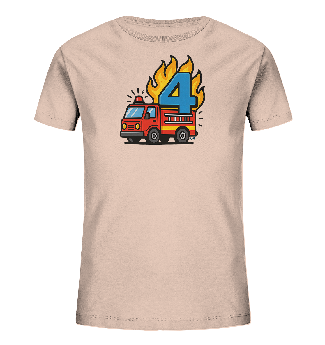 Onlineshop Shirts fuer Kinder - Das Bild zeigt ein beigefarbenes Kinder-T-Shirt mit einem lebendigen Aufdruck. Zu sehen ist ein rotes Feuerwehrauto mit Details in Blau und Gelb. Hinter dem Fahrzeug ragt eine grosse blaue Zahl Vier empor, umgeben von stilisierten Flammen in Gelb und Orange. Dieses farbenfrohe Motiv ist zentral auf der Vorderseite platziert.
