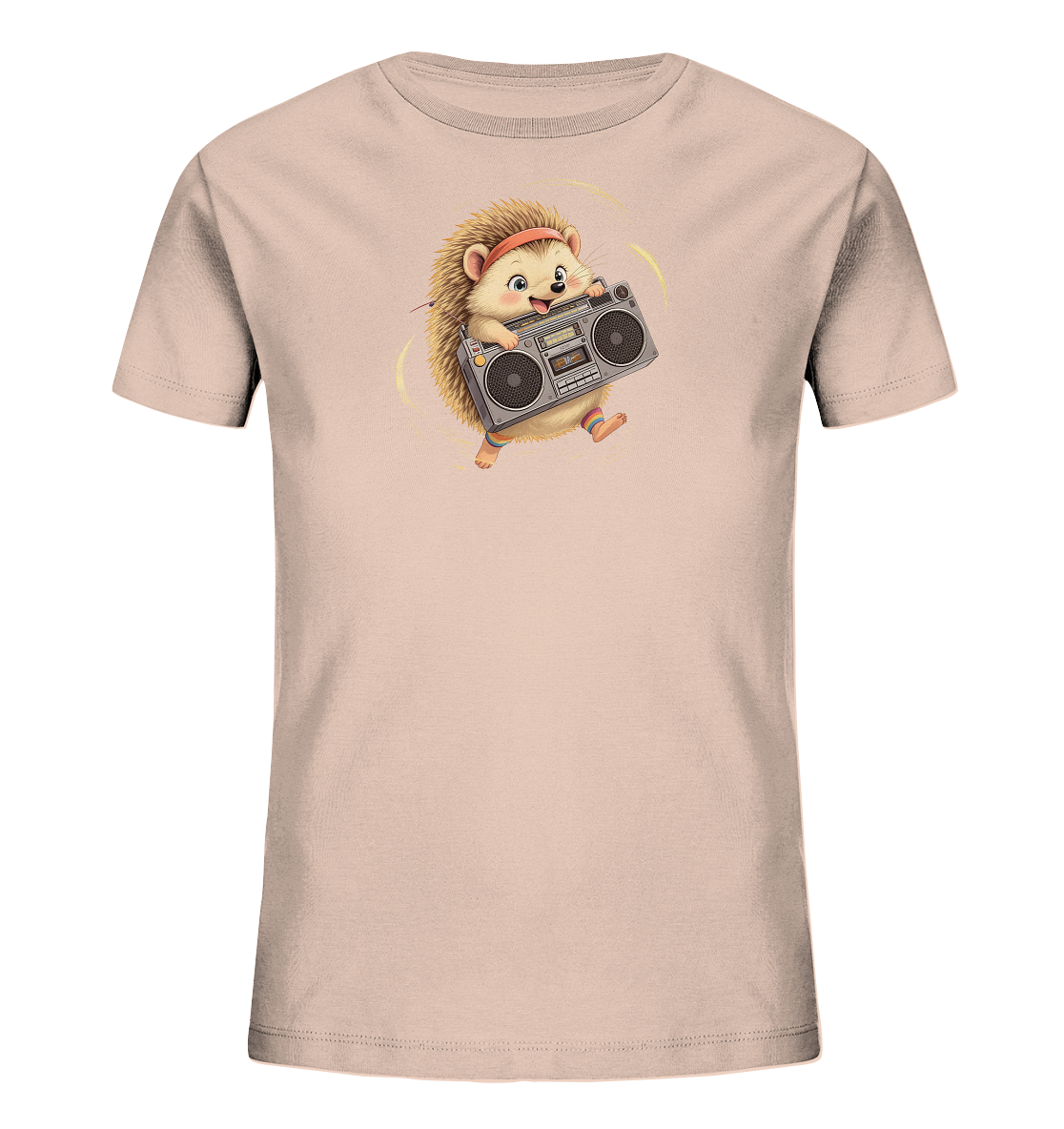 Onlineshop Shirts fuer Kinder - Das Bild zeigt ein hellrosa Kinder-T-Shirt mit einem niedlichen Igel-Motiv auf der Vorderseite. Der Igel traegt ein rotes Stirnband und bunte Socken, waehrend er laechelnd einen grauen Ghettoblaster haelt. Um den Igel herum sind gelbe Schwuenge zu sehen, die Bewegung oder Klang andeuten. Das Design wirkt froehlich und verspielt.