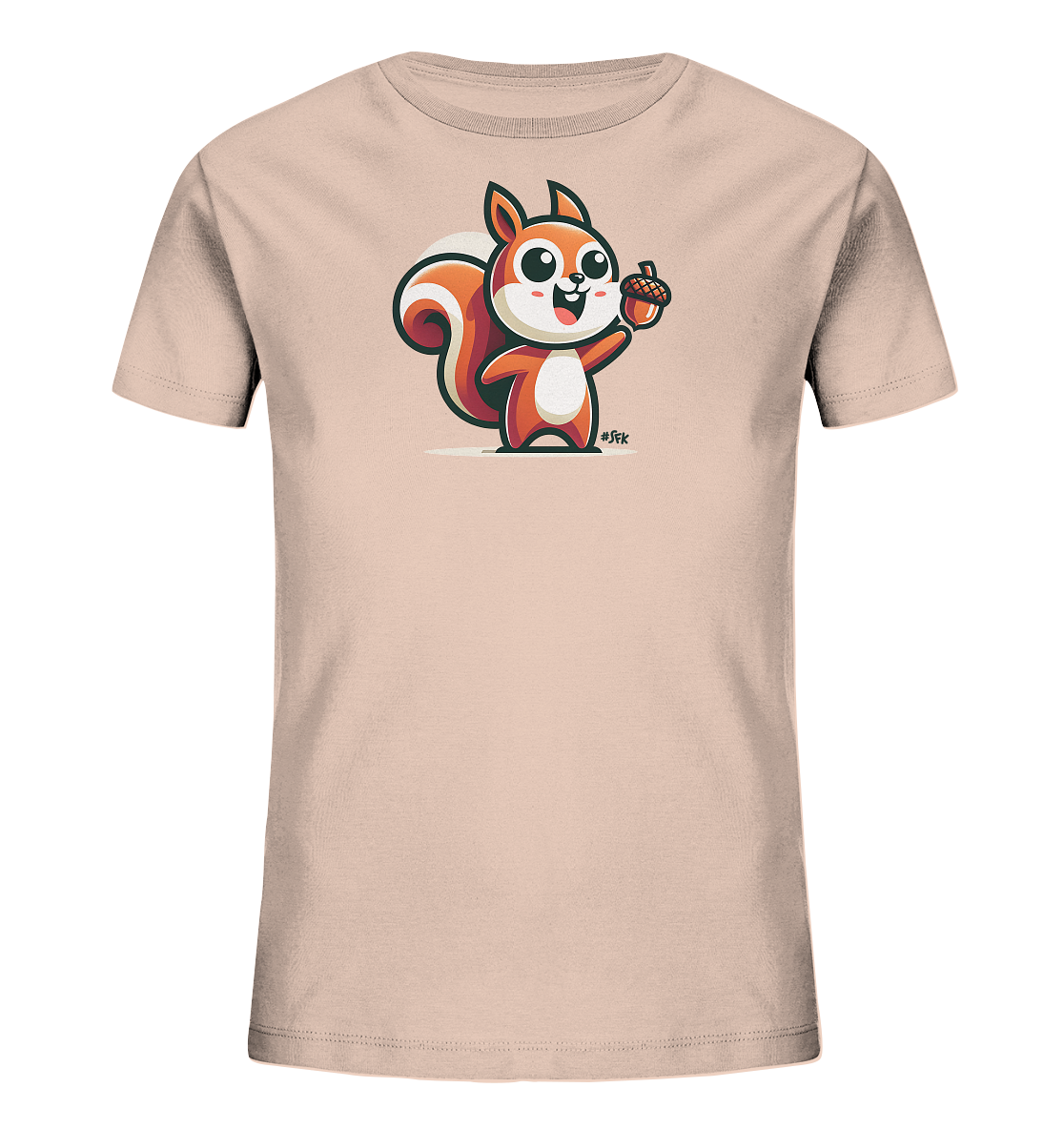 Onlineshop Shirts fuer Kinder - Das Bild zeigt ein hellrosa Kinder-T-Shirt mit einer niedlichen, cartoonartigen Illustration auf der Vorderseite. Das Motiv stellt ein froehliches Eichhoernchen dar, das eine Eichel in seiner Pfote haelt. Das Eichhoernchen hat grosse Augen, ein breites Laecheln und einen buschigen Schwanz. Das gesamte Design wirkt freundlich und verspielt.