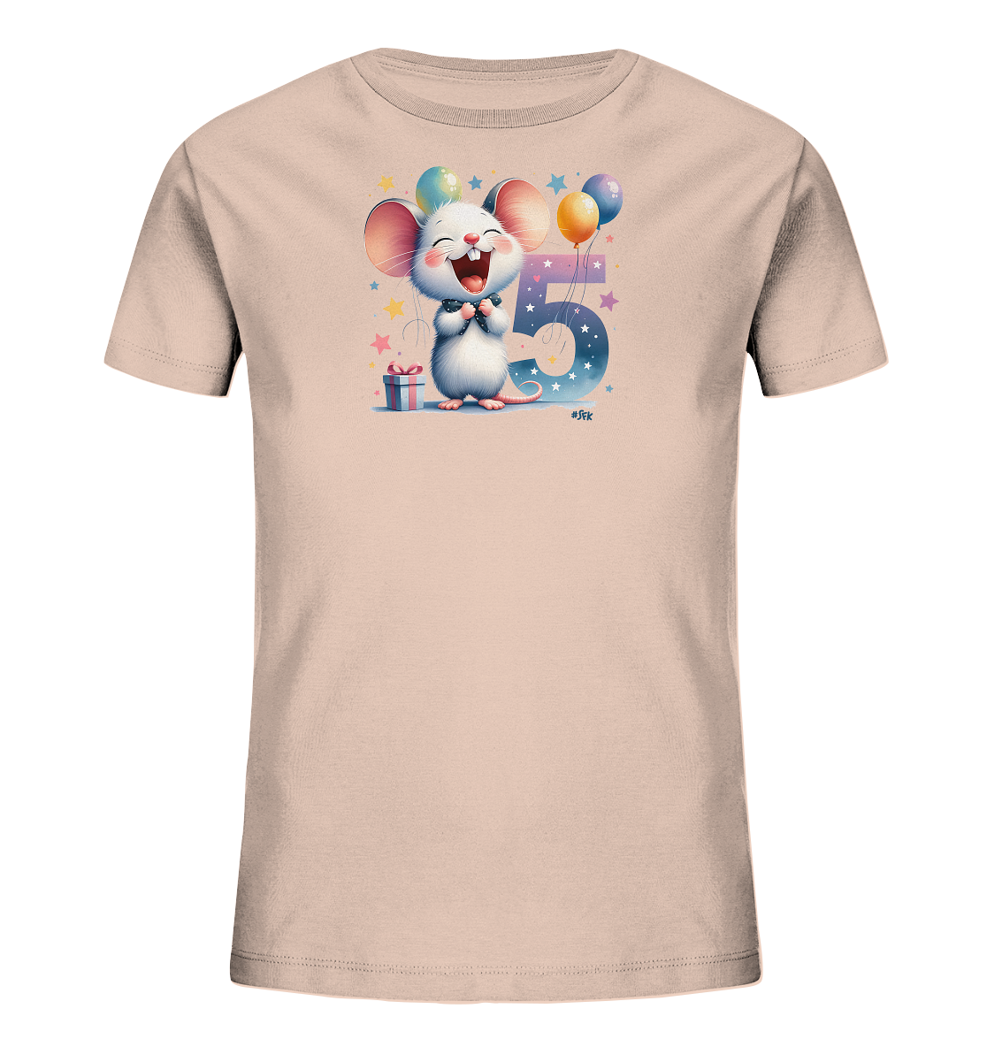 Onlineshop Shirts fuer Kinder - Das Bild zeigt ein hellrosa Kinder-T-Shirt mit einem froehlichen Motiv. Eine lachende Cartoon-Maus steht vor einer grossen Zahl '5', umgeben von bunten Ballons, Sternen und einem Geschenk. Das Design ist lebhaft und festlich, ideal fuer einen besonderen Anlass wie einen Geburtstag.