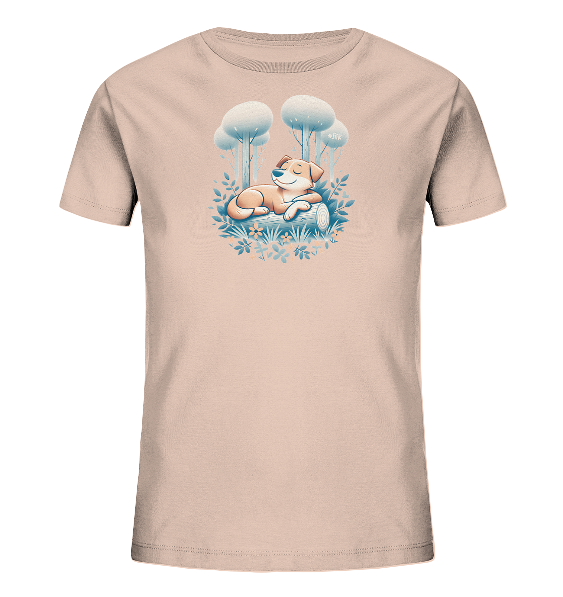 Onlineshop Shirts fuer Kinder - Das Bild zeigt ein Kinder-T-Shirt in einem hellen Rosaton. Auf der Vorderseite ist eine Illustration eines entspannten Hundes zu sehen, der auf einem Holzstamm liegt. Das Motiv wird von stilisierten Baeumen, Blaettern und kleinen Blumen umrahmt. Das Design hat eine ruhige und naturverbundene Ausstrahlung.