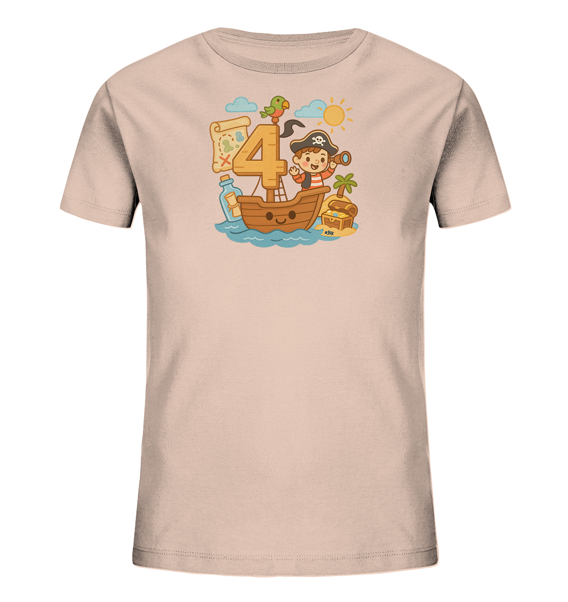 Onlineshop Shirts fuer Kinder - Dieses T-Shirt in hellem Rosa zeigt eine farbenfrohe Illustration eines Piratenabenteuers auf dem Meer. Ein kleiner Pirat mit Fernglas sitzt in einem laechelnden Holzboot, neben einer grossen Zahl Vier. Ein Papagei, eine Schatzkarte, eine Flaschenpost und eine Schatzinsel mit Truhe ergaenzen das verspielte Motiv unter einem sonnigen Himmel.