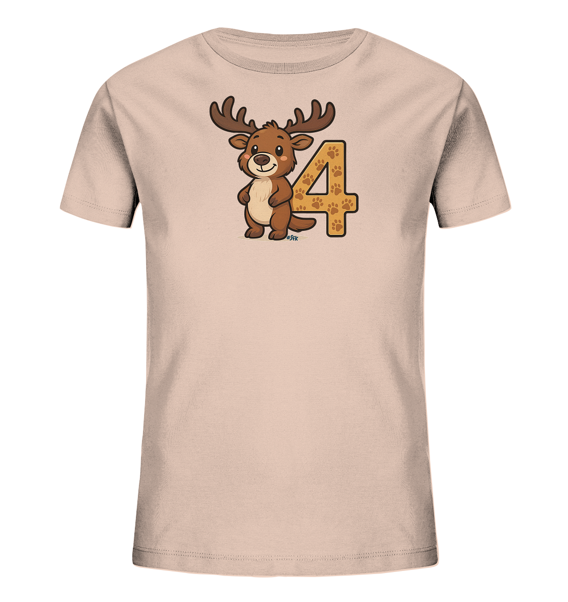 Onlineshop Shirts fuer Kinder - Dieses hellbeige T-Shirt zeigt ein suesses Cartoon-Reh mit Geweih auf der Vorderseite. Das froehliche Reh steht neben der Zahl '4', die kreativ mit Pfotenabdruecken verziert ist. Dieses Design ist ideal fuer Kinder und wirkt sehr verspielt.
