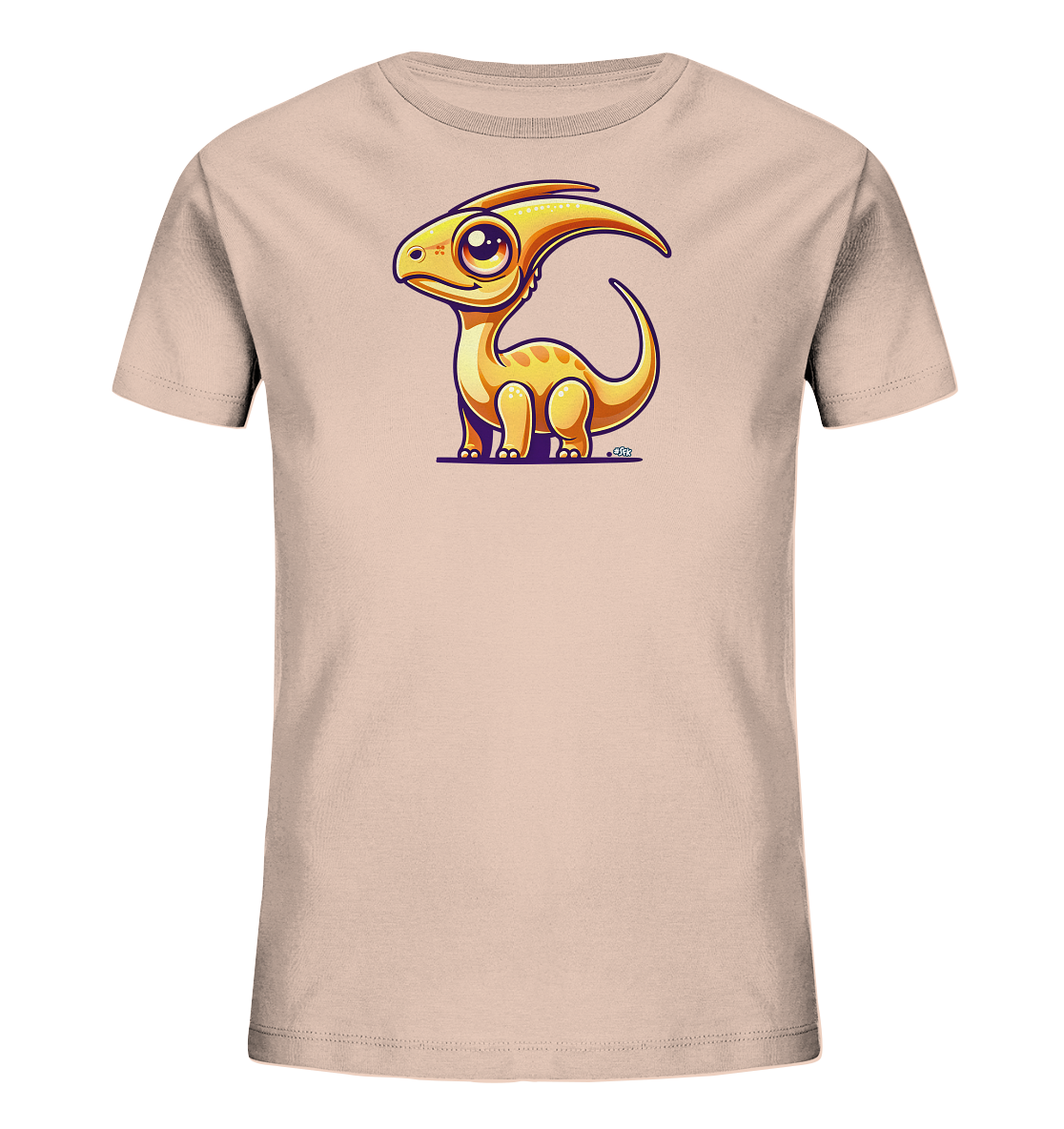 Onlineshop Shirts fuer Kinder - Das Bild zeigt ein helles Kinder-T-Shirt mit einem niedlichen Cartoon-Dinosaurier. Die Illustration zeigt einen kleinen, gelb-orangen Parasaurolophus mit grossen Augen und braunen Flecken. Der Dinosaurier steht auf einer lila Linie und hat eine freundliche Ausstrahlung. Das Design ist farbenfroh und verspielt.