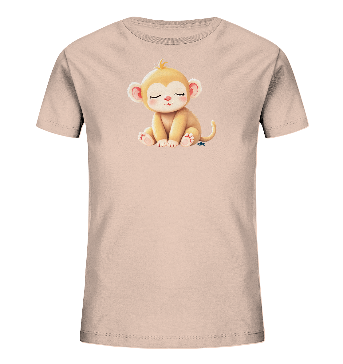 Onlineshop Shirts fuer Kinder - Das Bild zeigt ein hellrosa Kinder-T-Shirt. Auf der Vorderseite ist ein niedliches, cartoonhaftes Äffchen abgebildet. Das Äffchen sitzt entspannt mit geschlossenen Augen und einem freundlichen Laecheln. Sein weiches Design mit zarten Farben verleiht dem Shirt einen liebevollen und ruhigen Ausdruck.