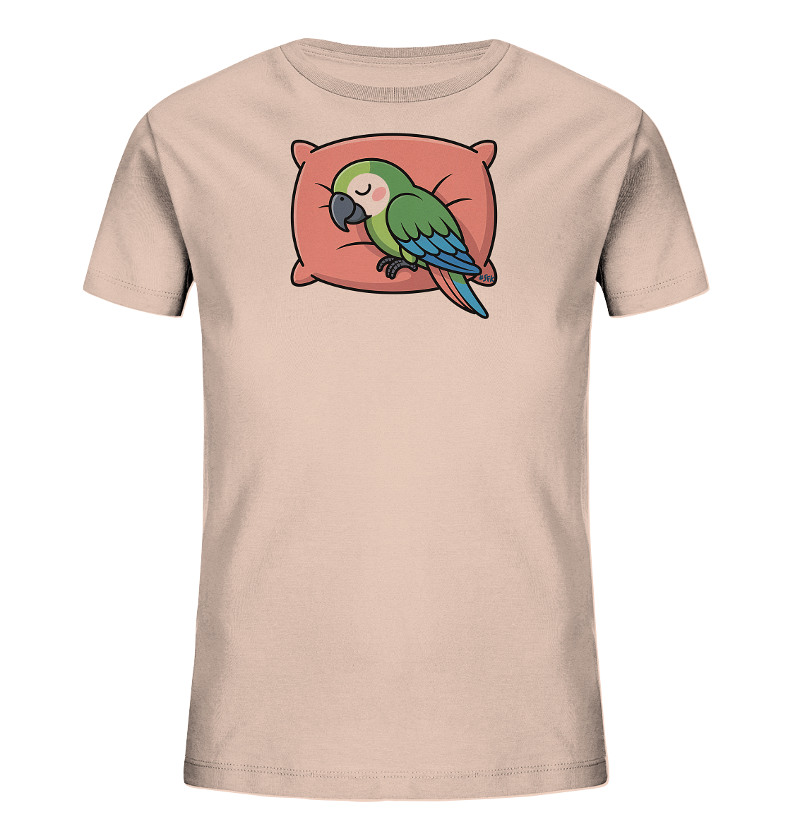Onlineshop Shirts fuer Kinder - Das Bild zeigt ein hellbeiges Kinder-T-Shirt mit einem niedlichen Motiv eines schlafenden Papageis. Der gruene Papagei mit blauen Fluegeln liegt gemuetlich auf einem rosa-roten Kissen. Sein entspannter Ausdruck und die geschlossenen Augen vermitteln Ruhe. Das Design wirkt beruhigend und ist ideal fuer den Schlaf oder gemuetliche Stunden.