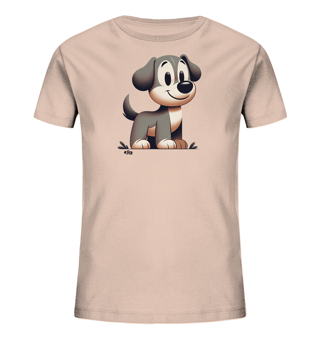 Onlineshop Shirts fuer Kinder - Das Bild zeigt ein Kinder-T-Shirt in einem hellen Pfirsichton. Darauf ist eine freundliche, cartoonartige Illustration eines Hundes zu sehen. Der Hund sitzt aufrecht, hat grosse Augen und ein Laecheln. Das Motiv ist in Grau- und Beigetoenen gehalten und wirkt verspielt.