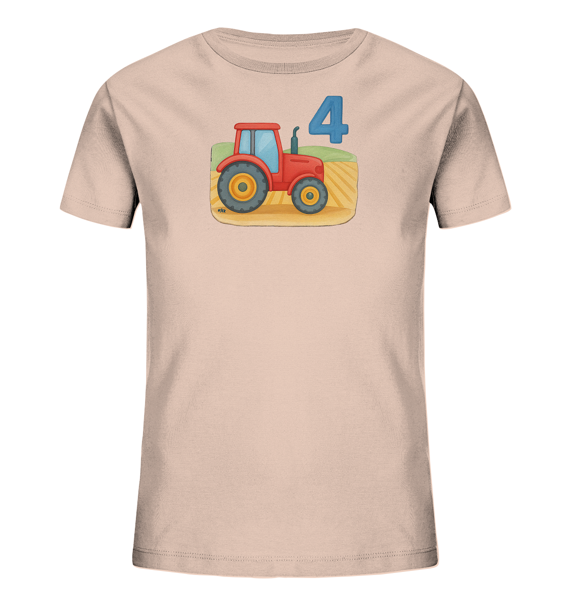 Onlineshop Shirts fuer Kinder - Das Bild zeigt ein hellrosafarbenes Kinder-T-Shirt mit einer bunten Illustration auf der Vorderseite. Die Grafik zeigt einen roten Traktor, der auf einem Feld faehrt. Darueber ist die grosse blaue Zahl Vier platziert, was auf ein bestimmtes Alter hinweisen koennte. Das Design ist freundlich und detailreich gestaltet.