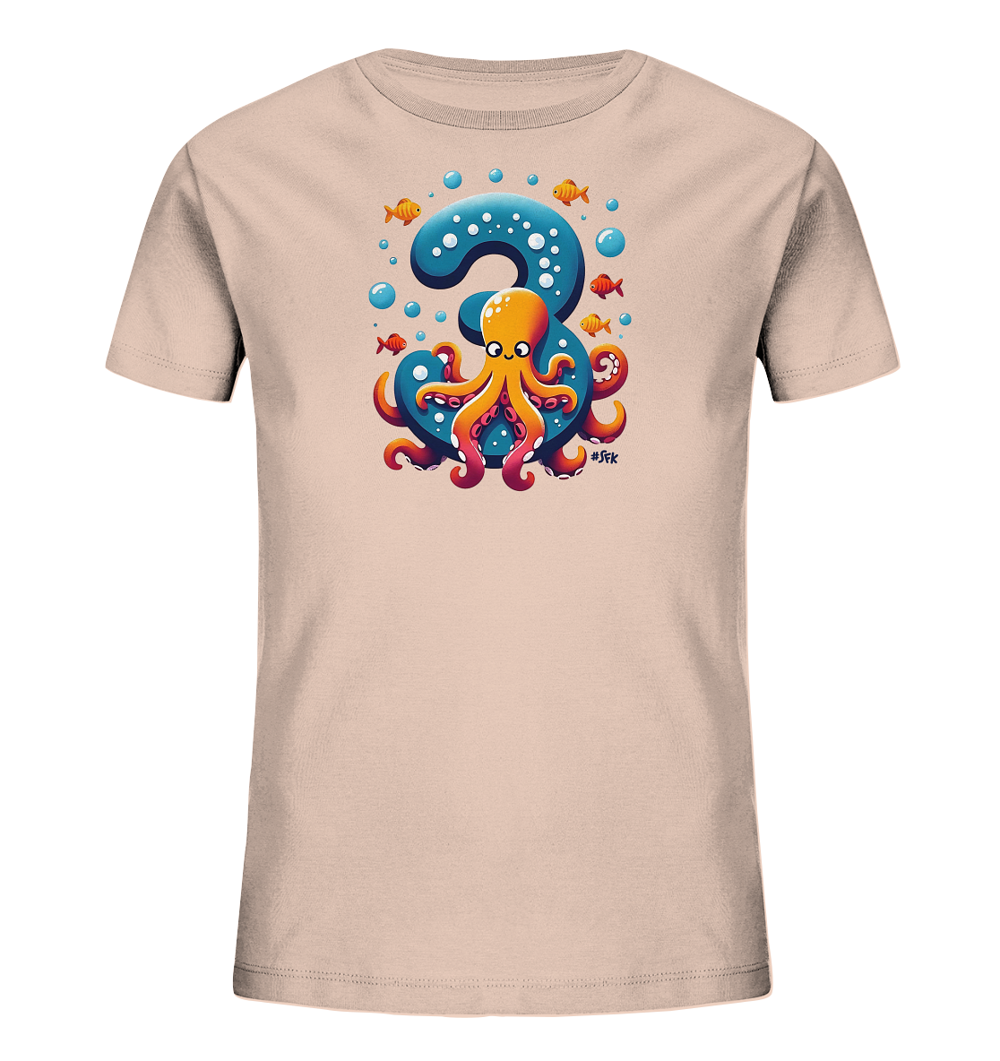 Onlineshop Shirts fuer Kinder - Das Bild zeigt ein hellbeiges Kinder-T-Shirt mit einem froehlichen Unterwassermotiv. Im Zentrum steht eine grosse, blaue Zahl Drei, die mit Blasen verziert ist. Ein freundlicher Oktopus in warmen Farben sitzt davor, umgeben von kleinen Fischen und weiteren Blasen. Das Design wirkt lebendig und maritim.
