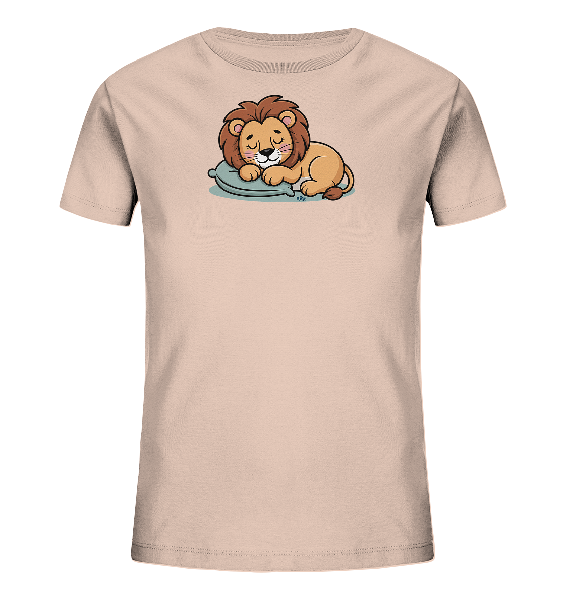 Onlineshop Shirts fuer Kinder - Das Bild zeigt ein hellrosafarbenes Kinder-T-Shirt mit einem niedlichen schlafenden Loewenmotiv auf der Vorderseite. Der Loewe liegt friedlich auf einem tuerkisfarbenen Kissen und hat die Augen geschlossen. Dieses sanfte und beruhigende Design ist ideal fuer Kinder.