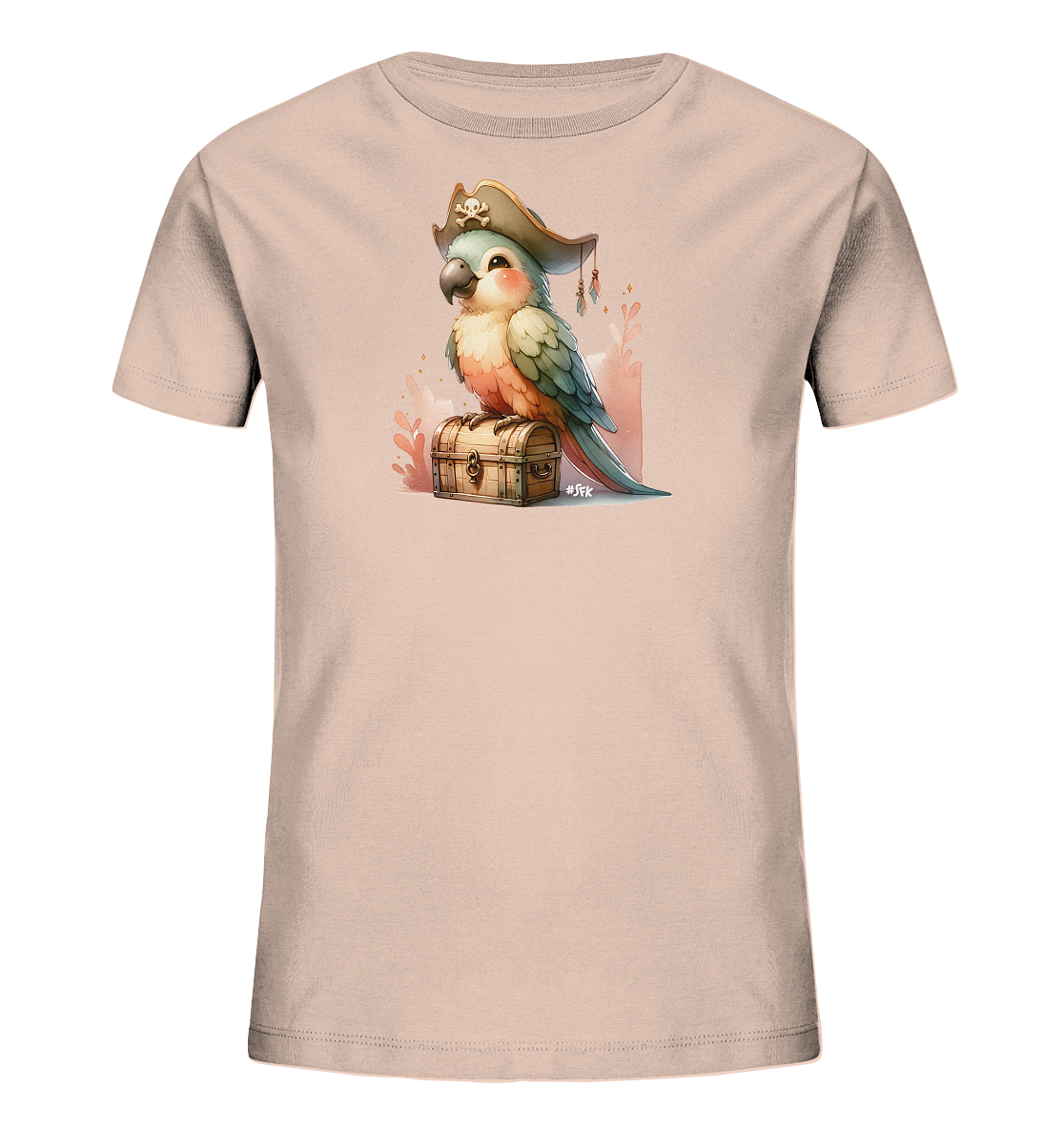 Onlineshop Shirts fuer Kinder - Das Bild zeigt ein hellrosa T-Shirt fuer Kinder mit einem farbigen Druck. Der Druck zeigt einen niedlichen Papagei mit Piratenhut, der auf einer kleinen Schatzkiste sitzt. Die Illustration hat einen freundlichen Cartoon-Stil mit sanften Farbverlaeufen und Farbspritzern im Hintergrund. Das Design verleiht dem Shirt einen verspielten und abenteuerlichen Charakter.