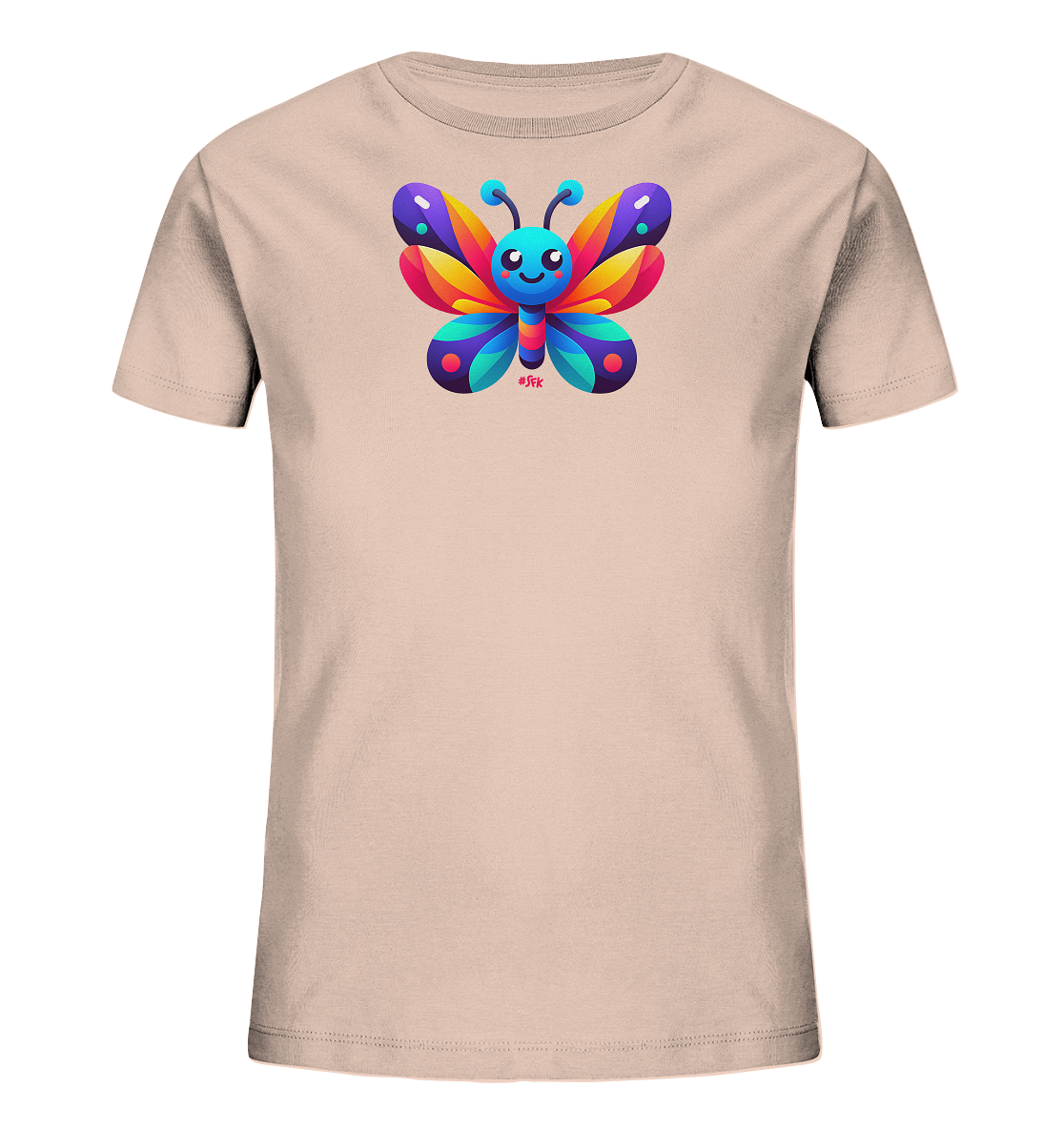 Onlineshop Shirts fuer Kinder - Dieses T-Shirt fuer Kinder in einem hellen Beigeton zeigt auf der Vorderseite eine farbenfrohe Schmetterling-Grafik. Der Schmetterling hat leuchtend bunte Fluegel in verschiedenen Toenen wie Blau, Lila, Orange und Rot. Die Grafik wirkt froehlich und verspielt, passend fuer Kindermode. Runde Punkte in passenden Farben zieren die Fluegel und runden das Design ab.