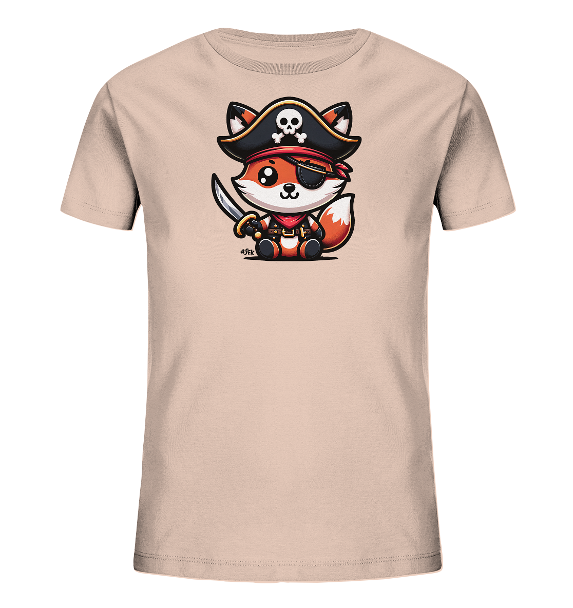 Onlineshop Shirts fuer Kinder - Das Bild zeigt ein helles T-Shirt fuer Kinder mit einem niedlichen Motiv auf der Vorderseite. Abgebildet ist ein kleiner Fuchs in Piratenverkleidung, komplett mit Hut, Augenklappe und Saebel. Der Fuchs sitzt und blickt freundlich nach vorne. Das verspielte Design ist farbenfroh und detailreich gestaltet.