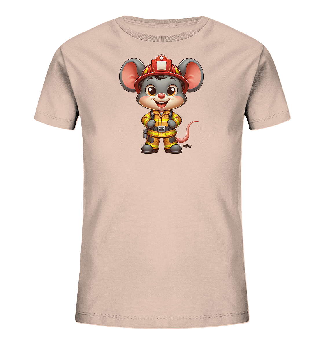 Onlineshop Shirts fuer Kinder - Das Bild zeigt ein hellrosafarbenes T-Shirt mit einem niedlichen Motiv einer Maus. Die Maus ist als Feuerwehrmann gekleidet, traegt einen roten Helm und einen gelben Anzug mit orangefarbenen Streifen. Sie hat ein freundliches Gesicht und steht in aufrechter Position auf dem Shirt. Das Design ist detailreich und ansprechend fuer Kinder.