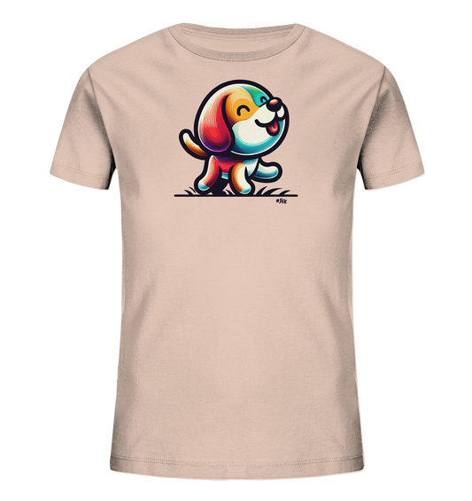 Onlineshop Shirts fuer Kinder - Das Bild zeigt ein hellrosa Kinder-T-Shirt mit einem farbenfrohen Aufdruck auf der Vorderseite. Die Illustration stellt einen stilisierten, laechelnden Hund dar, der gerade laeuft. Der Hund ist mit dicken schwarzen Umrissen und leuchtenden, fliessenden Farben wie Blau, Gelb und Rot gefuellt. Das verspielte Design wird durch angedeutetes Gras unter den Pfoten des Hundes ergaenzt und verleiht dem Shirt eine froehliche Optik.