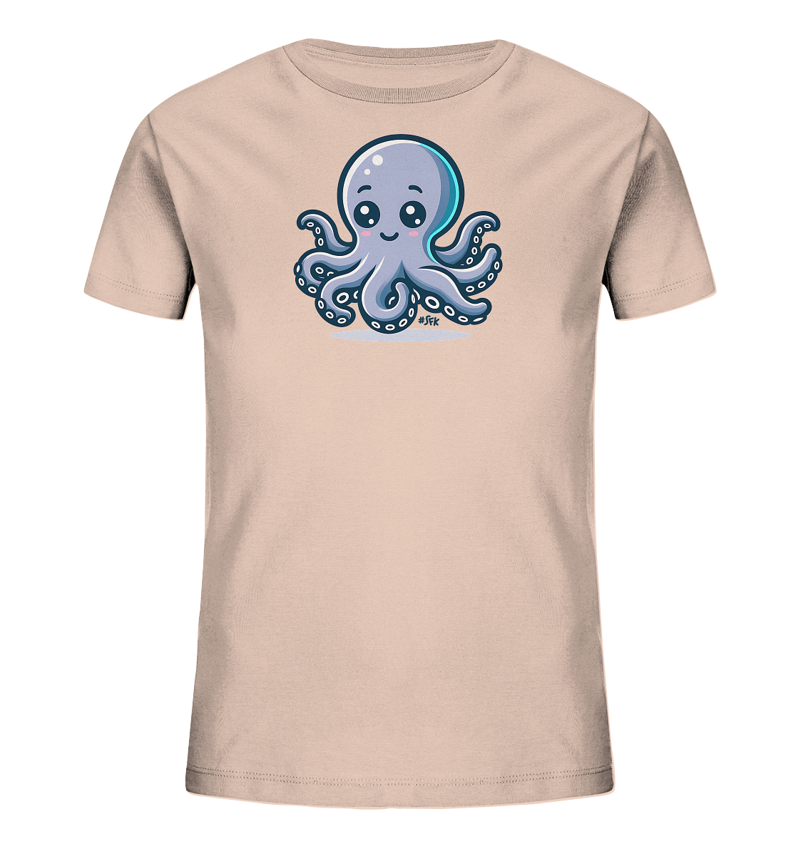 Onlineshop Shirts fuer Kinder - Das Bild zeigt ein beigefarbenes T-Shirt mit einem freundlichen Oktopus-Motiv auf der Vorderseite. Die cartoonartige Illustration zeigt einen niedlichen, hellblauen Oktopus mit grossen Augen und einem Laecheln. Er sitzt auf einer hellen Flaeche und hat mehrere Tintenfischarme. Dieses verspielte Design ist ansprechend fuer Kinder.