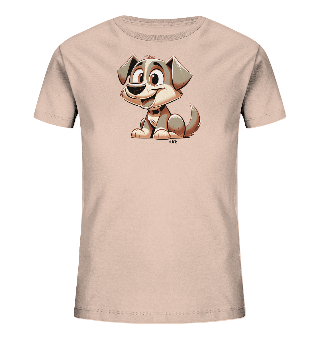 Onlineshop Shirts fuer Kinder - Das Bild zeigt ein helles T-Shirt fuer Kinder in einem zarten Beige- oder Rosaton. Auf der Vorderseite befindet sich eine niedliche, cartoonhafte Illustration eines Hundes. Der Hund sitzt aufrecht, hat grosse Augen und ein breites Laecheln. Das Design wirkt freundlich und ansprechend fuer Kinder.