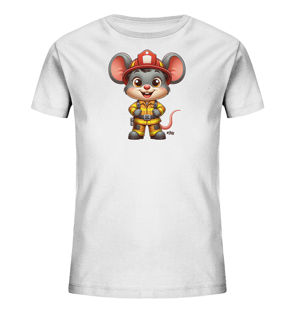 Onlineshop Shirts fuer Kinder - Das Bild zeigt ein weisses T-Shirt fuer Kinder mit einem aufgedruckten Motiv einer Maus. Die Maus ist im Cartoon-Stil gezeichnet und traegt einen roten Feuerwehrhelm sowie eine gelbe Feuerwehruniform. Sie steht aufrecht, hat grosse Ohren, einen freundlichen Gesichtsausdruck und ihre Pfoten sind in die Hueften gestemmt. Dieses Design verleiht dem Shirt einen lustigen und abenteuerlichen Charakter.
