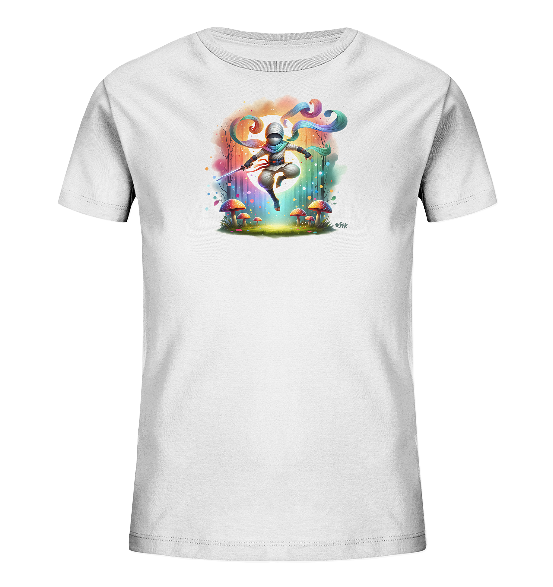 Onlineshop Shirts fuer Kinder - Das weisse Kinder-T-Shirt zeigt eine lebendige Illustration eines springenden Charakters mit Schwert in einer fantastischen Umgebung. Die Figur ist von dynamischen, bunten Wirbeln und einem hellen Licht umgeben. Im Vordergrund wachsen Pilze, waehrend im Hintergrund Baeume die Szene gestalten. Das detailreiche und farbintensive Design faengt eine Szene voller Energie ein.