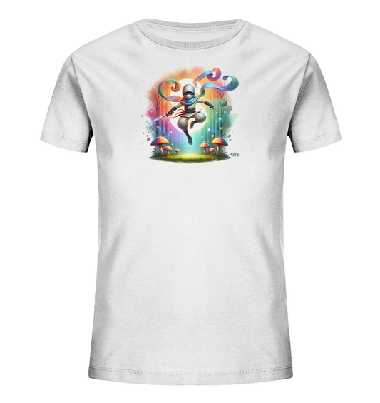 Kinder T-Shirt mit ein springender Ninja mit Schwert, bunten Wirbeln und Wald-Details
